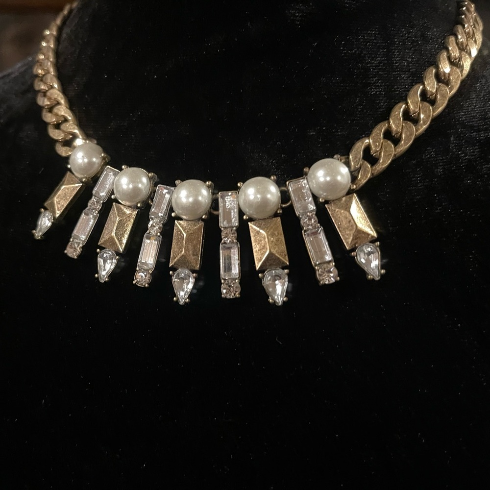 Stunning Brutalist Fringe Necklace Faux Pearls & Crystals 18+ Inches